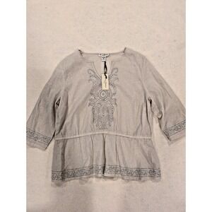 Marisa Christina Woman 1X Beige Linen Blend Embroidered Boho Peasant Top NWT
